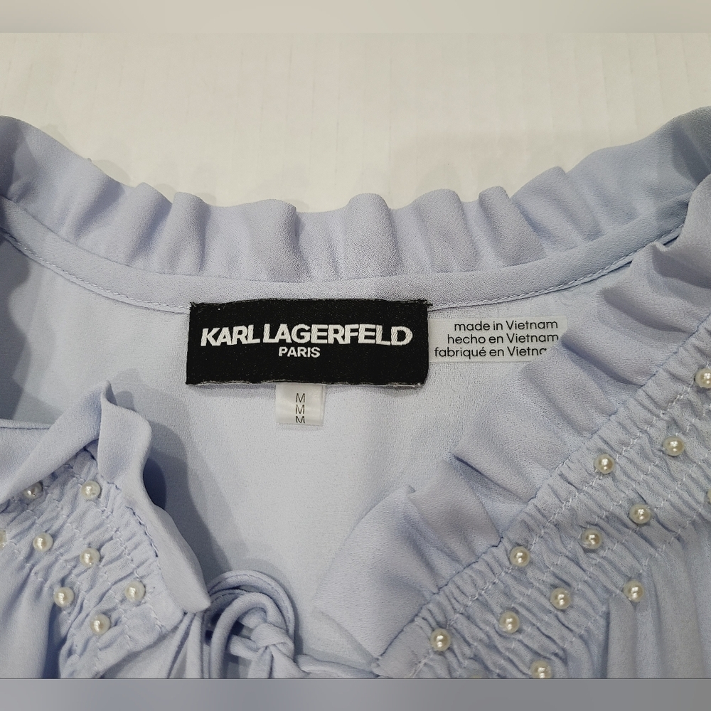 Karl Lagerfeld Paris Faux Pearl Smocked Mock Neck Top Sz M - Picture 4 of 9